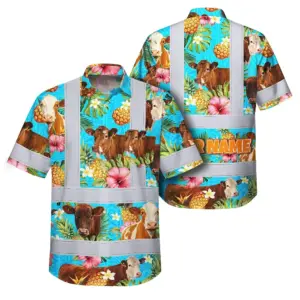 Hi Vis Hawaiian Shirt Reflective Tapes Tropical Flowers Cow Custom Name Safety Workwear For Workers, Truckers, Operators