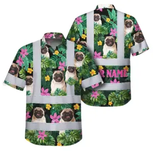 Hi Vis Hawaiian Shirt Reflective Tapes Tropical Pink Flowers Custom Name And Pet Image Safety Workwear For Workers, Truckers, Operators