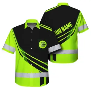 Hi Vis Hawaiian Shirt Reflective Tapes Uniform Green Neon 2 Custom Logo And Name
