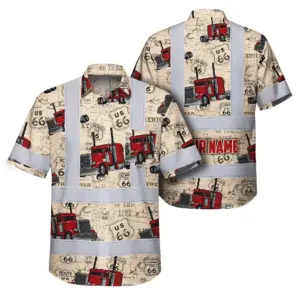 Hi Vis Hawaiian Shirt Reflective Tapes Vintage Truck Custom Name Safety Workwear For Workers, Truckers, Operators, Company