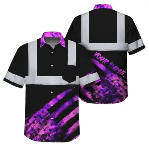 Hi Vis Hawaiian Shirt Reflective Tapes Violet Flag Tie Dye Custom Name Safety Workwear For Workers, Runners, Cyclists