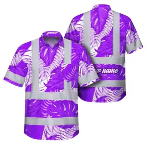 Hi Vis Hawaiian Shirt Reflective Tapes Violet Neon Flowers Custom Name Safety Workwear For Workers, Truckers, Operators