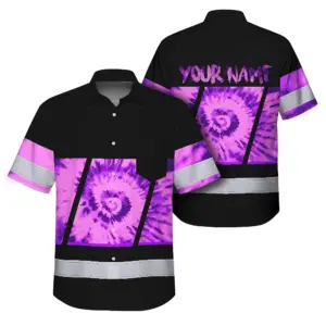 Hi Vis Hawaiian Shirt Reflective Tapes Violet Tie Dye Custom Name Safety Workwear For Workers, Runners, Cyclists