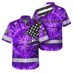 Hi Vis Hawaiian Shirt Reflective Tapes Violet Tie Dye US Flag Scratch Custom Name Safety Workwear For Workers, Runners, Cyclists