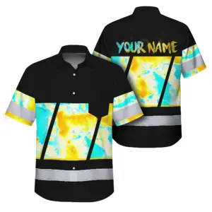 Hi Vis Hawaiian Shirt Reflective Tapes Yellow Blue Tie Dye Custom Name Safety Workwear For Workers, Runners, Cyclists
