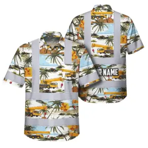 Hi Vis Hawaiian Shirt Reflective Tapes Yellow Mobile Cranes Custom Name Safety Workwear For Workers, Truckers, Operators