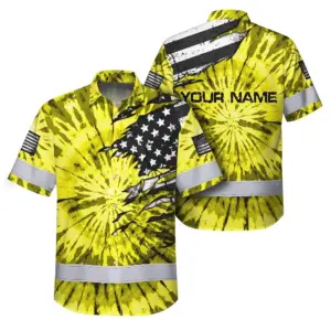 Hi Vis Hawaiian Shirt Reflective Tapes Yellow Tie Dye US Flag Scratch Custom Name Safety Workwear For Workers, Runners, Cyclists