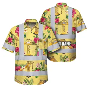 Hi Vis Hawaiian Shirt Reflective Tapes Yellow Tower Crane Custom Name Safety Workwear For Workers, Truckers, Operators