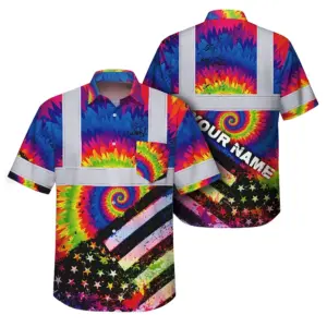 Hi Vis Hawaiian Shirt Reflective Tie Dye 2 US Flag Paint Custom Name Safety Workwear For Workers, Runners, Cyclists