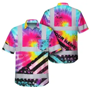 Hi Vis Hawaiian Shirt Reflective Tie Dye US Flag Paint Custom Name Safety Workwear For Workers, Runners, Cyclists