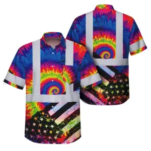 Hi Vis Hawaiian Shirt Reflective Tie Dye US Flag Paint Safety Workwear For Worker, Motorcycle Bicycle, Runner