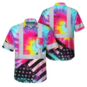 Hi Vis Hawaiian Shirt Reflective Tie Dye US Flag Paint Safety Workwear For Worker, Motorcycle Bicycle, Runner