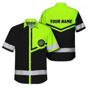 Hi Vis Hawaiian Shirt Uniform Reflective Black Green Neon Custom Name And Logo