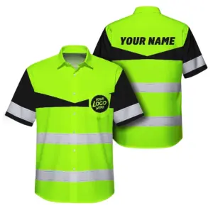 Hi Vis Hawaiian Shirt Uniform Reflective Dark Green Neon Custom Name And Logo