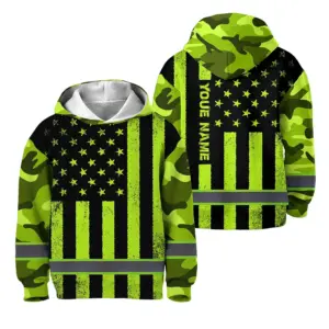 Hi Vis Hoodie Reflective Tapes Green Camo Flag Custom Name For Kids