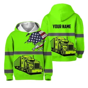 Hi Vis Hoodie Reflective Tapes Green Gradient Semi Truck Driver Custom Name For Kids