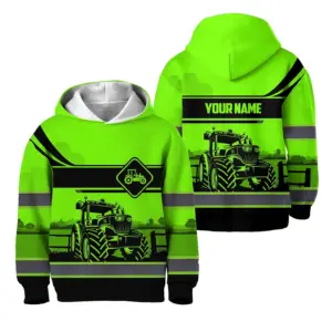 Hi Vis Hoodie Reflective Tapes Green Neon Tractor On The Farm Custom Name For Kids