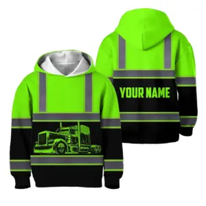 Hi Vis Hoodie Reflective Tapes Green Semi Truck Driver Custom Name For Kids