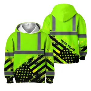 Hi Vis Hoodie Reflective Tapes Green US Flag Custom Name For Kids