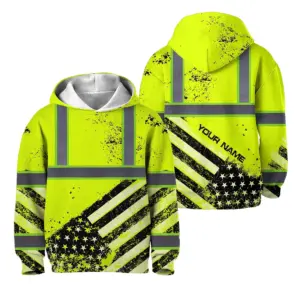 Hi Vis Hoodie Reflective Tapes Lime US Flag Paint Custom Name For Kids