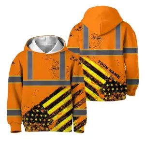 Hi Vis Hoodie Reflective Tapes Orange USA Flag Custom Name For Kids