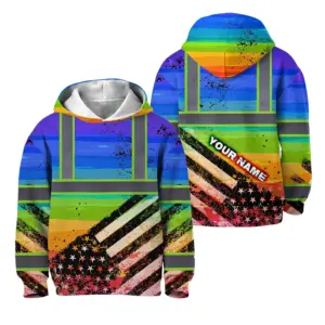 Hi Vis Hoodie Reflective Tapes Rainbow US Flag Paint Custom Name For Kids