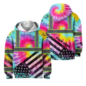 Hi Vis Hoodie Reflective Tapes Tie Dye US Flag Paint Custom Name For Kids