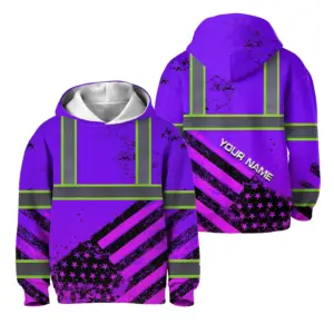 Hi Vis Hoodie Reflective Tapes Violet US Flag Paint Custom Name For Kids