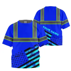 Hi Vis Shirt Reflective Tapes Blue USA Flag Custom Name For Kids