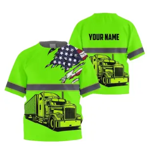 Hi Vis Shirt Reflective Tapes Green Gradient Semi Truck Driver Custom Name For Kids