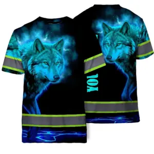 Hi Vis Shirts Reflective Black And Blue Neon Wolf Hunting Custom Name Safety Workwear For Company, Group, Team, Hunters, Hunting Lovers