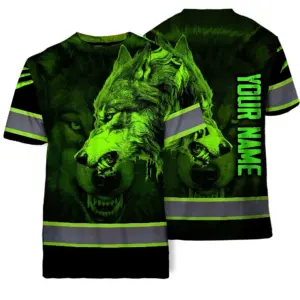 Hi Vis Shirts Reflective Black And Green Neon 3 Wolf Hunting Custom Name Safety Workwear For Company, Group, Team, Hunters, Hunting Lovers