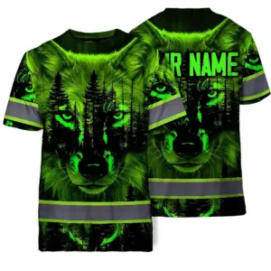 Hi Vis Shirts Reflective Black And Green Neon Wolf Hunting Custom Name Safety Workwear For Company, Group, Team, Hunters, Hunting Lovers