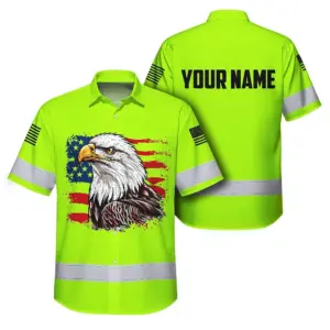 High Visibility Hawaiian Shirt Green Neon Reflective Eagles Safety Shirts For Workers Runners Patriotic