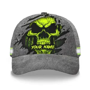 3D Printed Classic Cap Lime Neon Skull Custom Name Safety Workwear For Workers, Runners, Cyclists, Patriotic