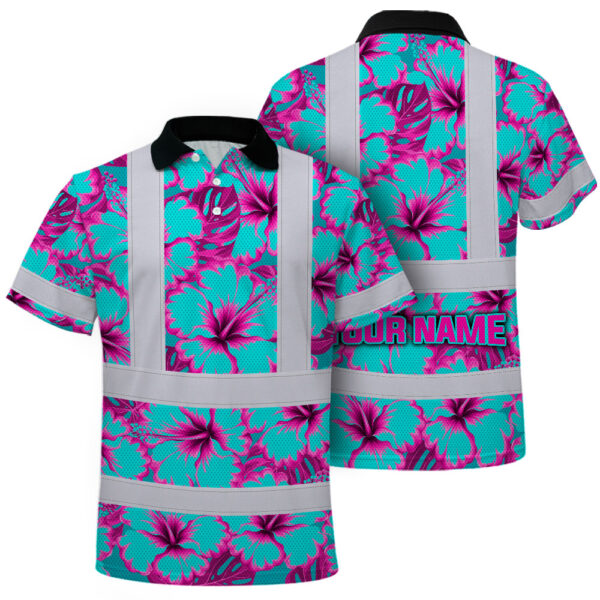 Hi-Vis-Polo-Shirt-Reflective-Tapes-Blue-Neon-And-Pink-Flowers-Custom-Name-Safety-Workwear-For-Workers,-Truckers,-Operators-1