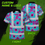 Hi-Vis-Polo-Shirt-Reflective-Tapes-Blue-Neon-And-Pink-Flowers-Custom-Name-Safety-Workwear-For-Workers,-Truckers,-Operators-2