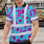 Hi-Vis-Polo-Shirt-Reflective-Tapes-Blue-Neon-And-Pink-Flowers-Custom-Name-Safety-Workwear-For-Workers,-Truckers,-Operators-3