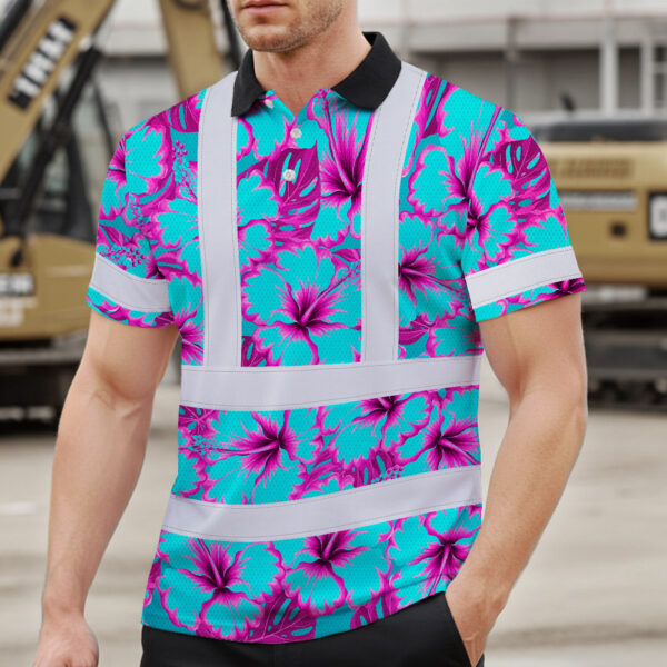 Hi-Vis-Polo-Shirt-Reflective-Tapes-Blue-Neon-And-Pink-Flowers-Custom-Name-Safety-Workwear-For-Workers,-Truckers,-Operators-3