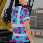 Hi-Vis-Polo-Shirt-Reflective-Tapes-Blue-Neon-And-Pink-Flowers-Custom-Name-Safety-Workwear-For-Workers,-Truckers,-Operators-4