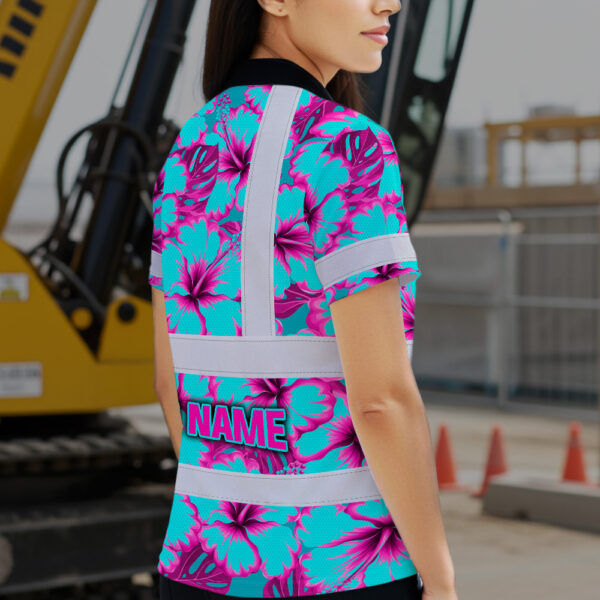 Hi-Vis-Polo-Shirt-Reflective-Tapes-Blue-Neon-And-Pink-Flowers-Custom-Name-Safety-Workwear-For-Workers,-Truckers,-Operators-4