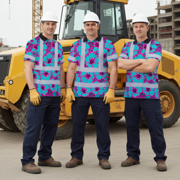 Hi-Vis-Polo-Shirt-Reflective-Tapes-Blue-Neon-And-Pink-Flowers-Custom-Name-Safety-Workwear-For-Workers,-Truckers,-Operators-5