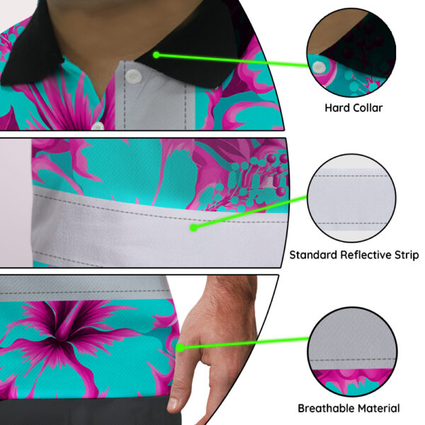 Hi-Vis-Polo-Shirt-Reflective-Tapes-Blue-Neon-And-Pink-Flowers-Custom-Name-Safety-Workwear-For-Workers,-Truckers,-Operators-7