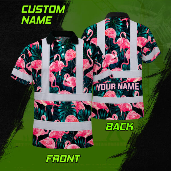 Hi-Vis-Polo-Shirt-Reflective-Tapes-Hawaii-Flamingo-Custom-Name-Safety-Workwear-For-Workers,-Truckers,-Operators-2