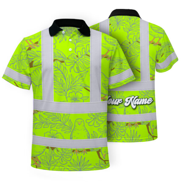 Hi-Vis-Polo-Shirt-Reflective-Tapes-Lime-Neon-White-2-Flowers-Custom-Name-Safety-Workwear-For-Workers,-Truckers,-Operators-1