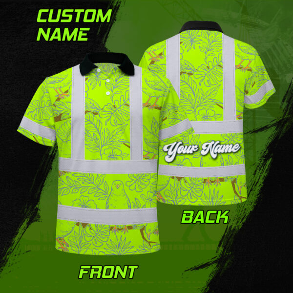 Hi-Vis-Polo-Shirt-Reflective-Tapes-Lime-Neon-White-2-Flowers-Custom-Name-Safety-Workwear-For-Workers,-Truckers,-Operators-2