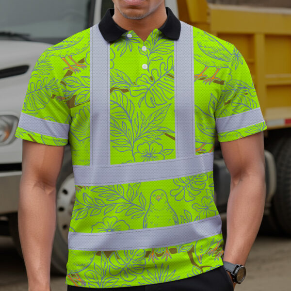 Hi-Vis-Polo-Shirt-Reflective-Tapes-Lime-Neon-White-2-Flowers-Custom-Name-Safety-Workwear-For-Workers,-Truckers,-Operators-5