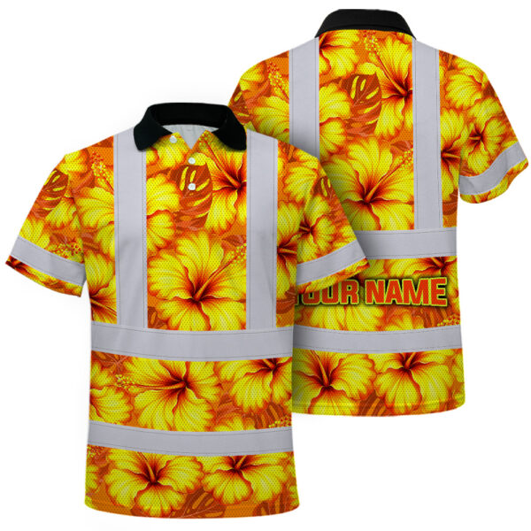 Hi-Vis-Polo-Shirt-Reflective-Tapes-Orange-Neon-And-Yellow-Flowers-Custom-Name-Safety-Workwear-For-Workers,-Truckers,-Operators-1