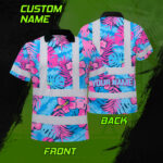 Hi-Vis-Polo-Shirt-Reflective-Tapes-Pink-Neon-And-Blue-Flowers-Custom-Name-Safety-Workwear-For-Workers,-Truckers,-Operators-2