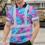 Hi-Vis-Polo-Shirt-Reflective-Tapes-Pink-Neon-And-Blue-Flowers-Custom-Name-Safety-Workwear-For-Workers,-Truckers,-Operators-3
